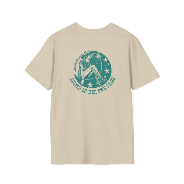 Sand crew-neck tee with large circular cowboy graphic on front
