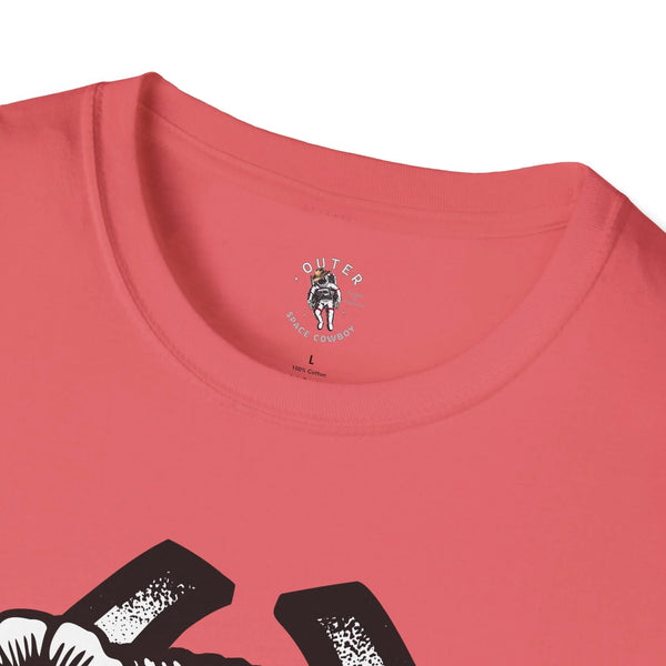 Coral crew-neck T-shirt collar with small logo patch detail