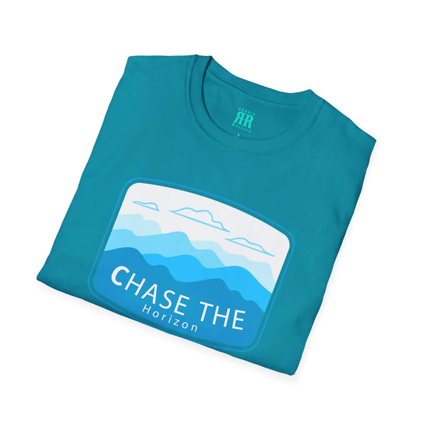 Teal crew-neck western wear T-shirt with 'Chase the Horizon' landscape graphic
