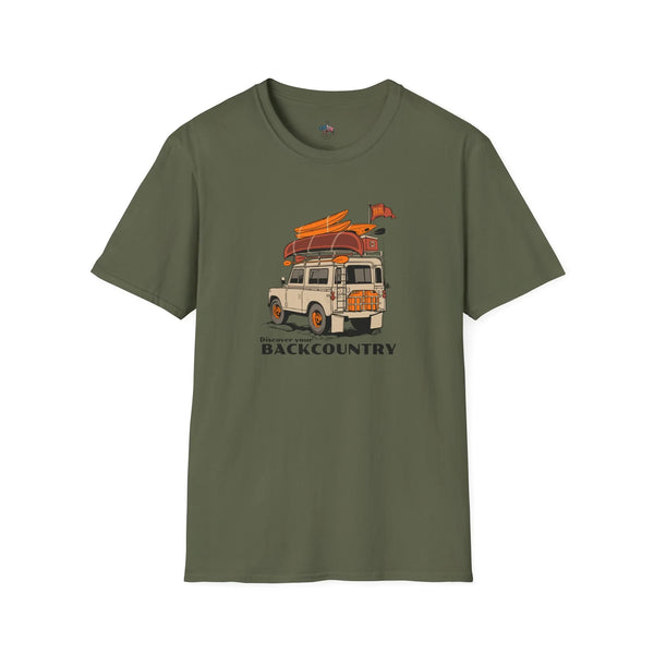 Military green short-sleeve T-shirt with front van and surf graphic print