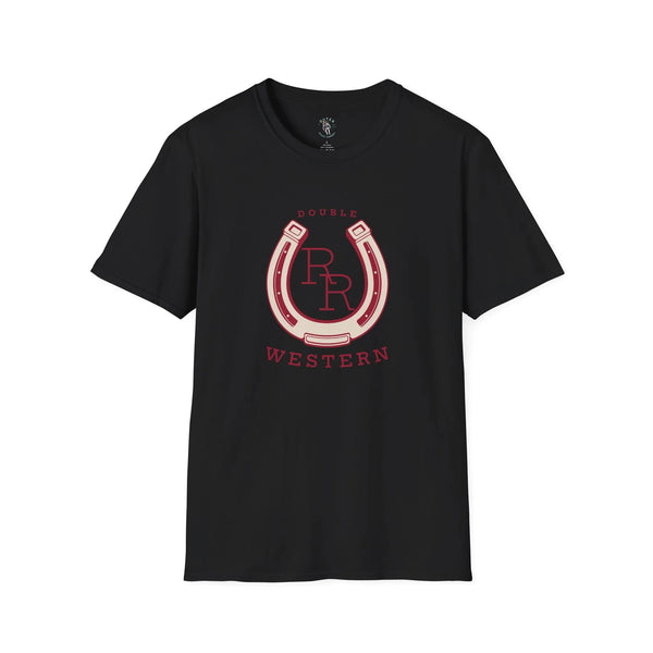 Black western horseshoe T-shirt with Double R graphic and red “WESTERN” text