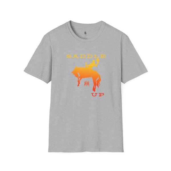 Heather gray crewneck western graphic T-shirt with orange horse rider and text print