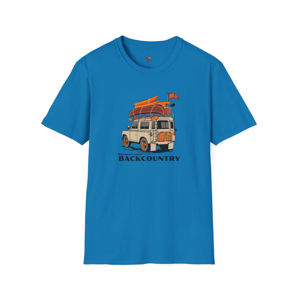 Bright blue short-sleeve T-shirt with front van and surf graphic print