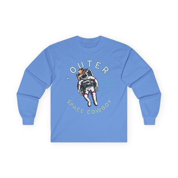 Light blue long-sleeve graphic tee with cowboy astronaut and “Outer Space Cowboy” text.