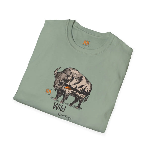 Sage green T-shirt with close-up bison graphic and 'Wild Heritage' text