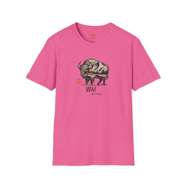 Heather pink western graphic T-shirt with bison and 'Wild Heritage' print