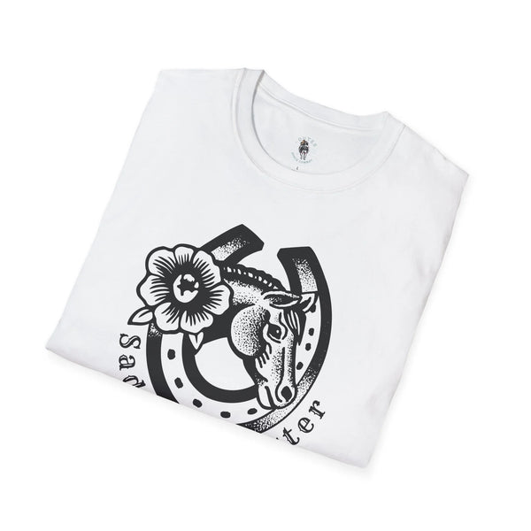 White cowgirl graphic T-shirt with floral and horse head print