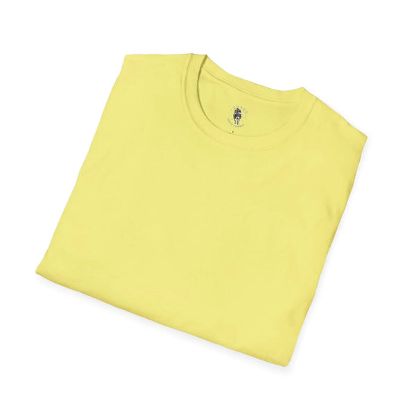 Men's heavy cotton tee in light yellow with small robot graphic at crew neck