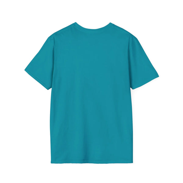Teal crew-neck T-shirt, no visible front graphic