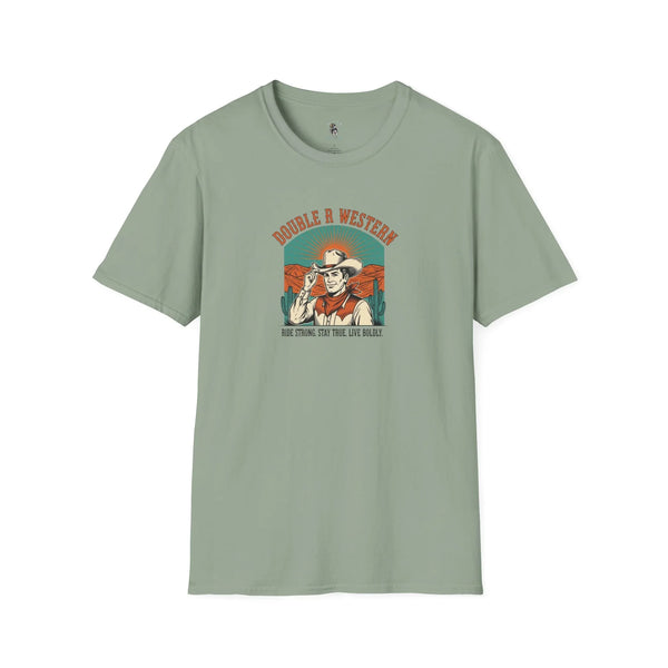 Sage green western graphic T-shirt with cowboy hat logo on the front