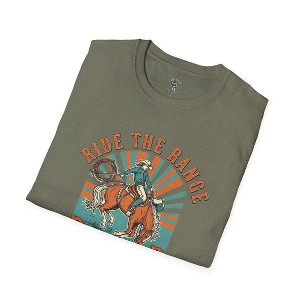 Olive green western graphic t-shirt with cowboy on horseback front print