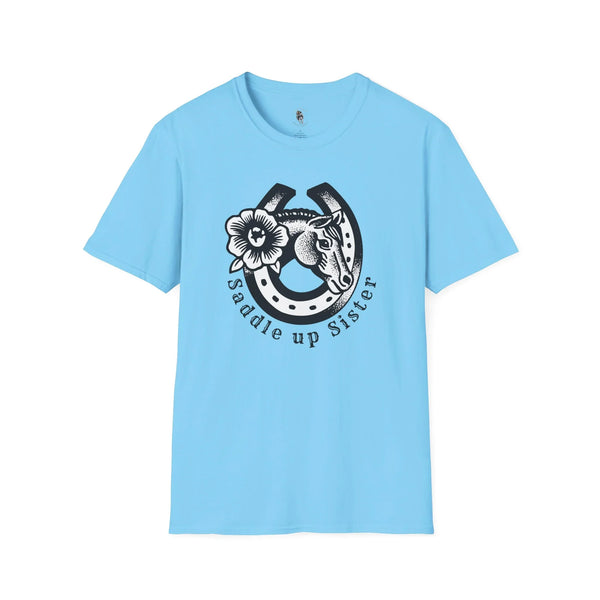 Sky blue cowgirl graphic T-shirt with horseshoe-style portrait and flower on front