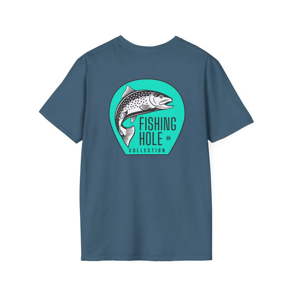 Blue back graphic tee with fish and “Fishing Hole Collection” emblem on back