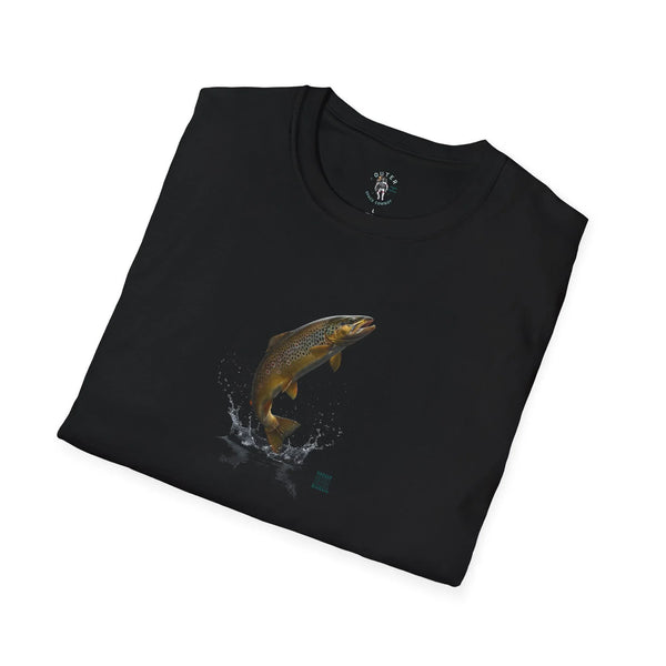 Black crewneck T-shirt with trout jumping graphic and splash at front