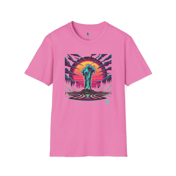 Pink western graphic tee with colorful sunset devil-themed artwork on the front