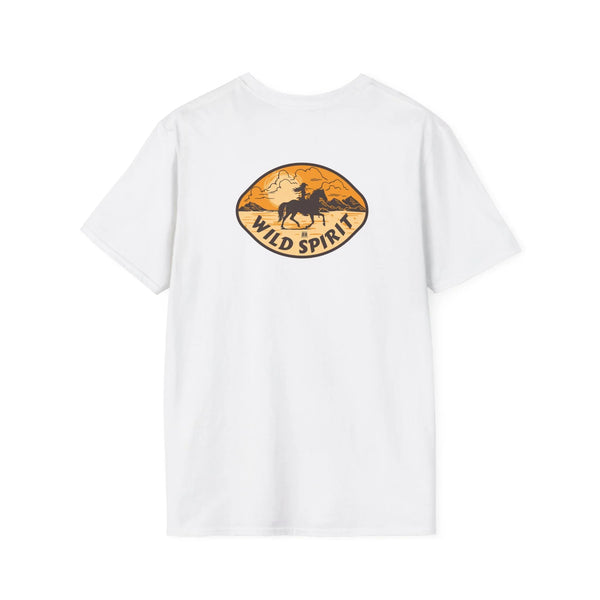 White T-shirt with Wild Spirit horse graphic in oval print on back