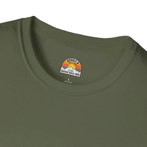 Heavy cotton T-shirt neckline, olive green, with small logo patch and size label text.