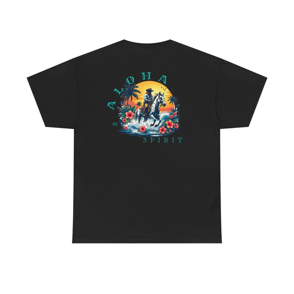Black tee with back graphic: cowboy on horse in sunset circle, SPIRIT lettering