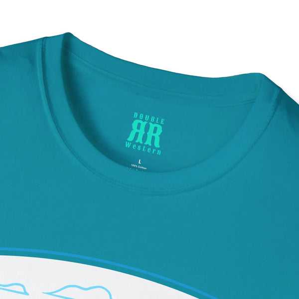Teal T-shirt neckline close-up with HR Western logo and '100% cotton'