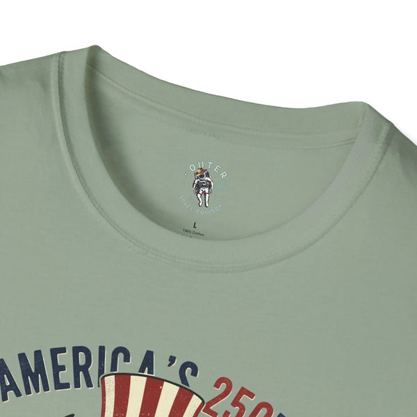 Sage green crewneck t-shirt collar with small “Outer Space Cowboy” badge logo