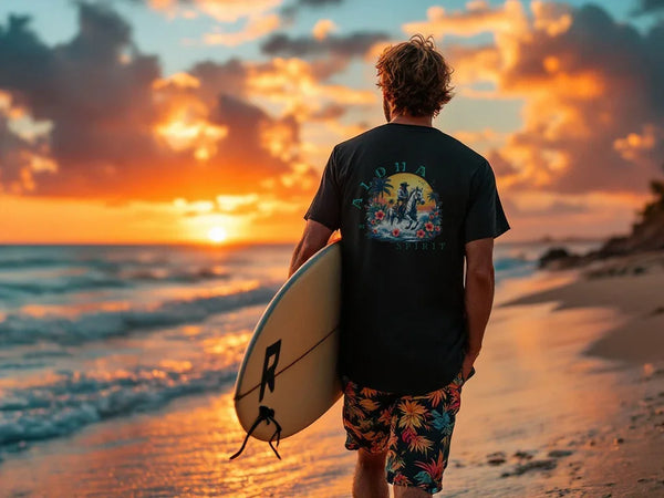 Black tee with back graphic: cowboy on horse, floral accents, SPIRIT lettering