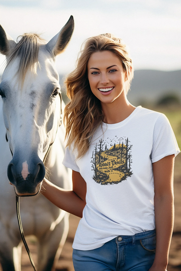 White crewneck T-shirt with Rabbit Trails forest trail graphic