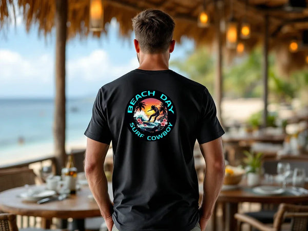 Men's black T-shirt with circular Beach Day surf cowboy back graphic