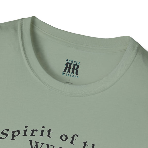 Spirit of the West Western Wear Graphic T-Shirt in Sage, neck label detail