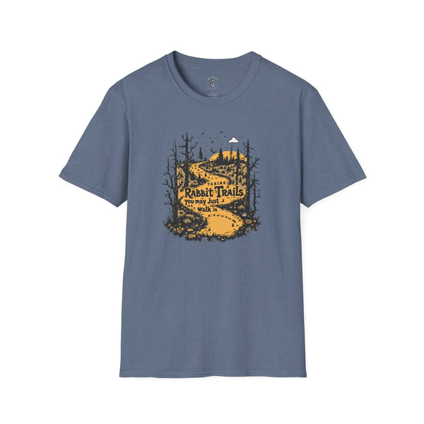 Heather indigo softstyle T-shirt with “Rabbit Trails” outdoor forest graphic
