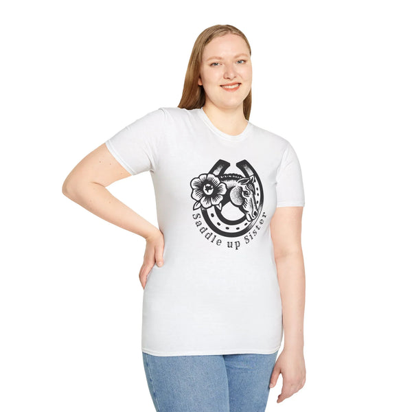 White cowgirl graphic T-shirt on model, front horseshoe-style design