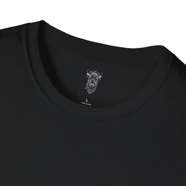 Black T-shirt neckline close-up with embroidered bull logo