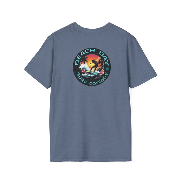 Men's slate blue T-shirt with circular Beach Day surf cowboy graphic on chest