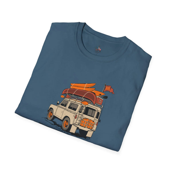 Blue short-sleeve T-shirt with angled van surf graphic print
