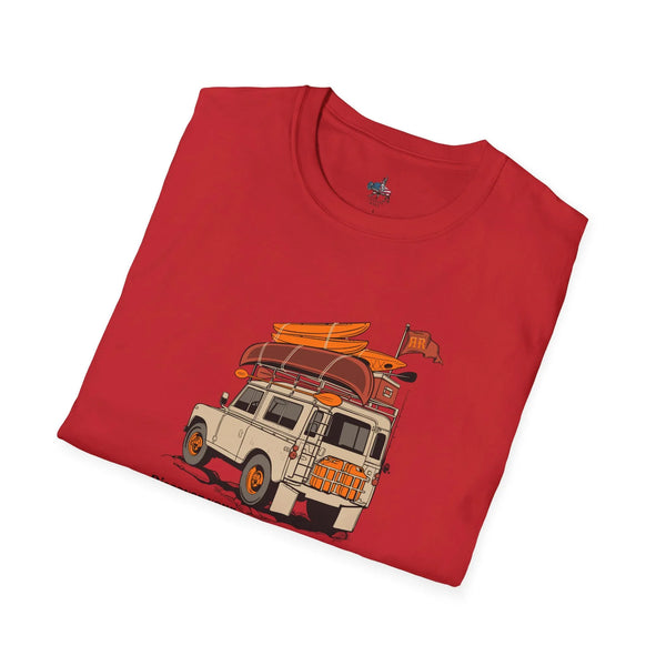 Red T-shirt with illustrated offroad truck and surfboard graphic on front
