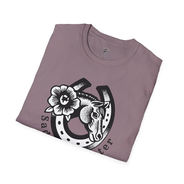 Purple crew-neck T-shirt with western cowgirl, hat, and flower graphic