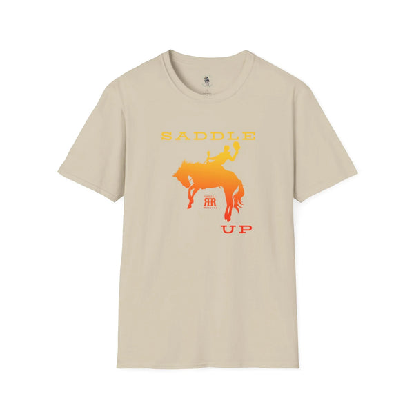 Sand crewneck western graphic T-shirt with orange horse rider and text print