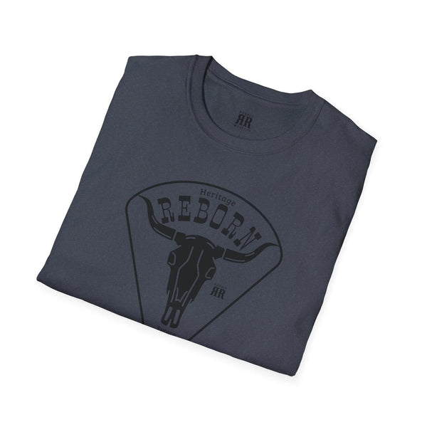 Heather blue folded graphic comfort tee with circular Heritage REBORN logo