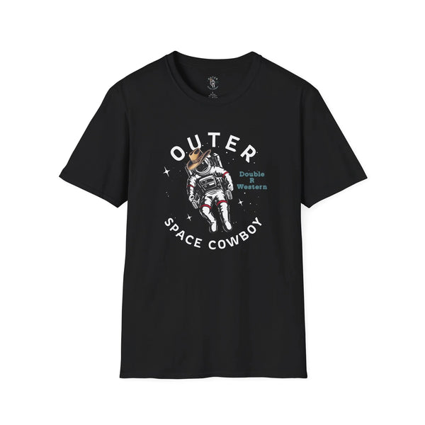Black T-shirt with astronaut cowboy graphic and round neckline