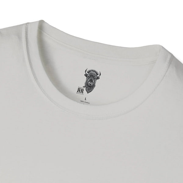 Light gray T-shirt neckline close-up with embroidered bull logo