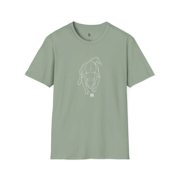 Sage green short-sleeve graphic tee with small line-art bull rider on the chest