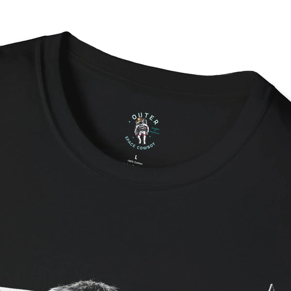 Black crewneck T-shirt with "OUTER SPACE COWBOY" logo at neckline