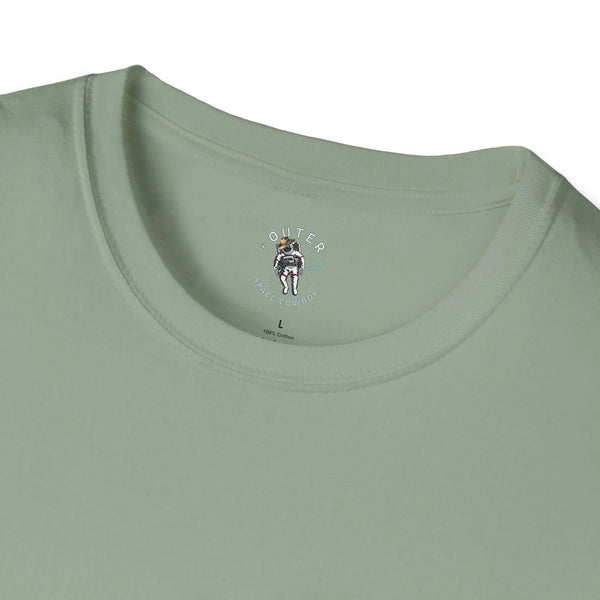 Men's heavy cotton tee in sage green with small robot graphic at crew neck
