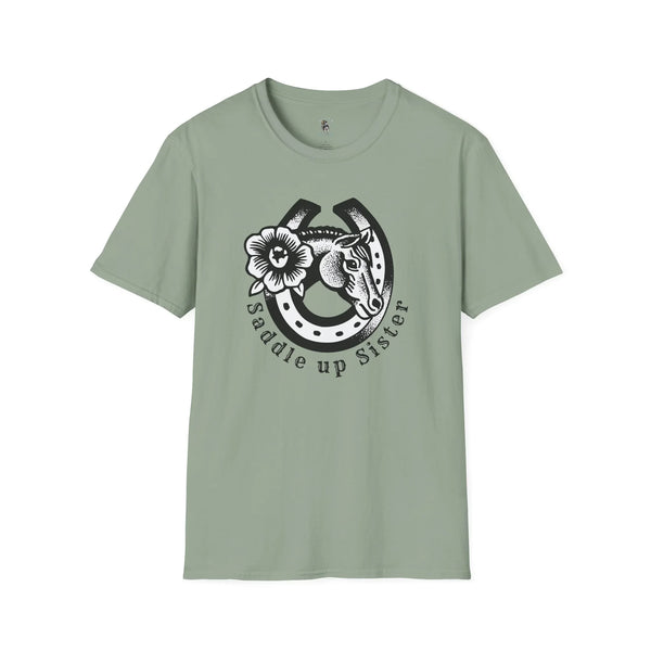 Sage green cowgirl graphic T-shirt with horseshoe-style portrait and flower on front