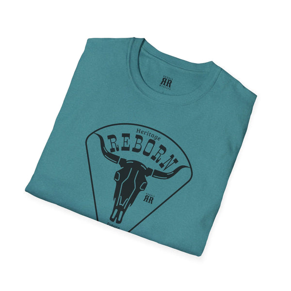 Teal graphic comfort tee with circular Heritage REBORN logo