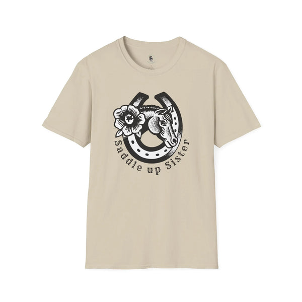 Sand cowgirl graphic T-shirt with horseshoe-style portrait and flower on front