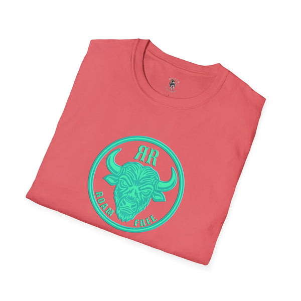 Coral crew-neck western graphic tee with green bison badge emblem