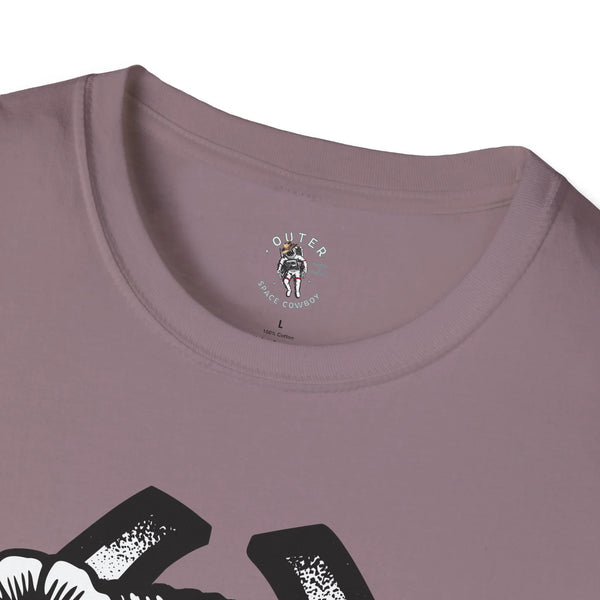 Purple crew-neck T-shirt with small chest logo near collar