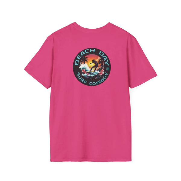 Men's pink T-shirt with circular Beach Day surf cowboy graphic on chest