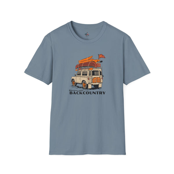 Blue short-sleeve T-shirt with centered van and surf graphic print