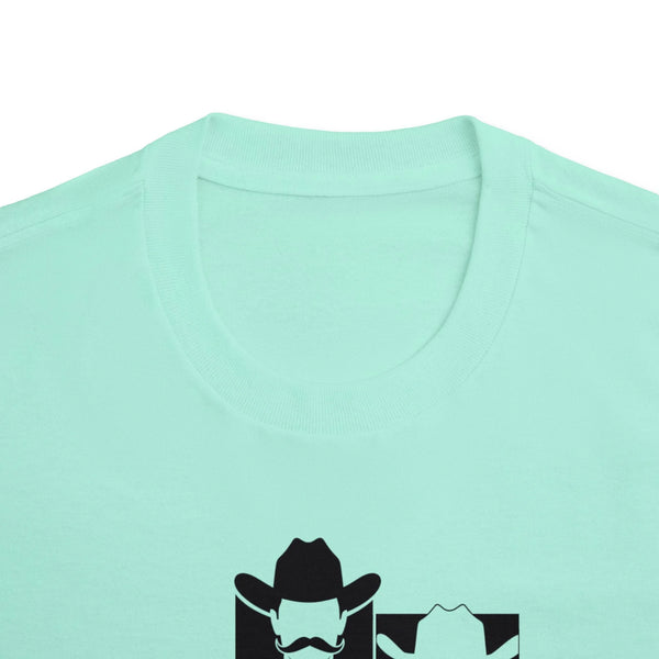 Women’s aqua crewneck tee with partial pop art cowboy graphic detail.